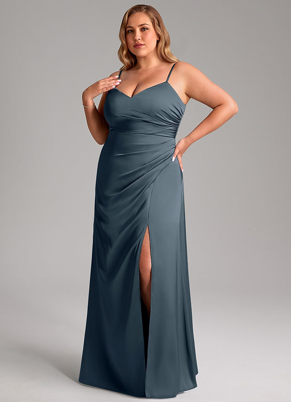 Azazie Azuree Bridesmaid Dresses Twilight A-Line Pleated Stretch Satin Dress image1
