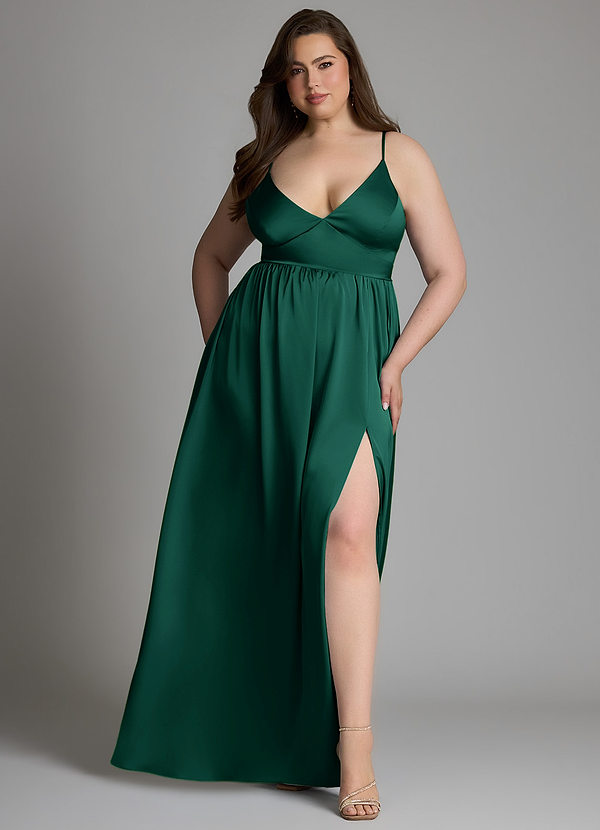 Azazie Aaida Bridesmaid Dresses Emerald A-Line Corset Stretch Satin Dress image1