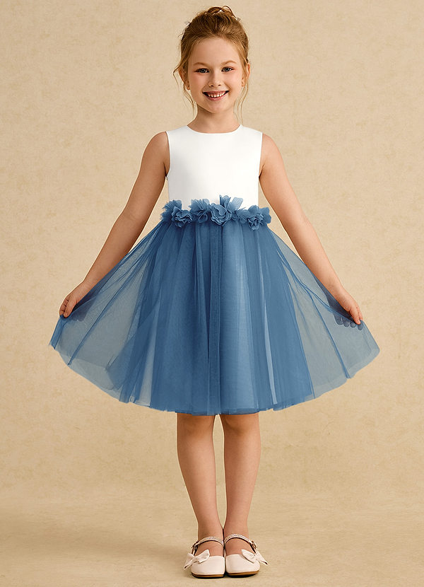 Azazie Louisa Flower Girl Dresses Ivory Steel Blue A-Line Sleeveless Tulle Dress image1