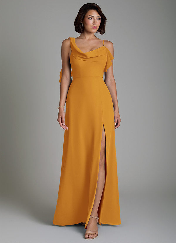 Azazie Jayden Bridesmaid Dresses Butterscotch A-Line Side Slit Chiffon Dress image1