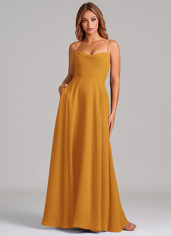 Azazie Elle Robes Demoiselle d'honneur Robe Trapèze en Mousseline de soie Plissée Caramel écossais image1