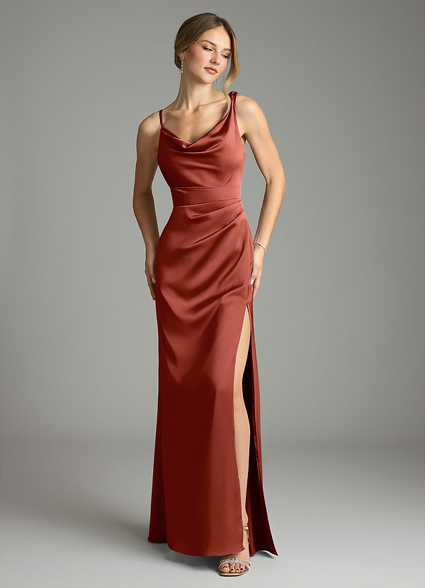 Azazie Samara Robes Demoiselle d'honneur Robe Sirène en Satin extensible Plissée Terracotta image1