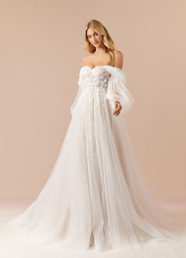 Azazie Airellie Brautkleider A-Linie Schulterfrei Tüll Kleid Diamantweiß Nude image1