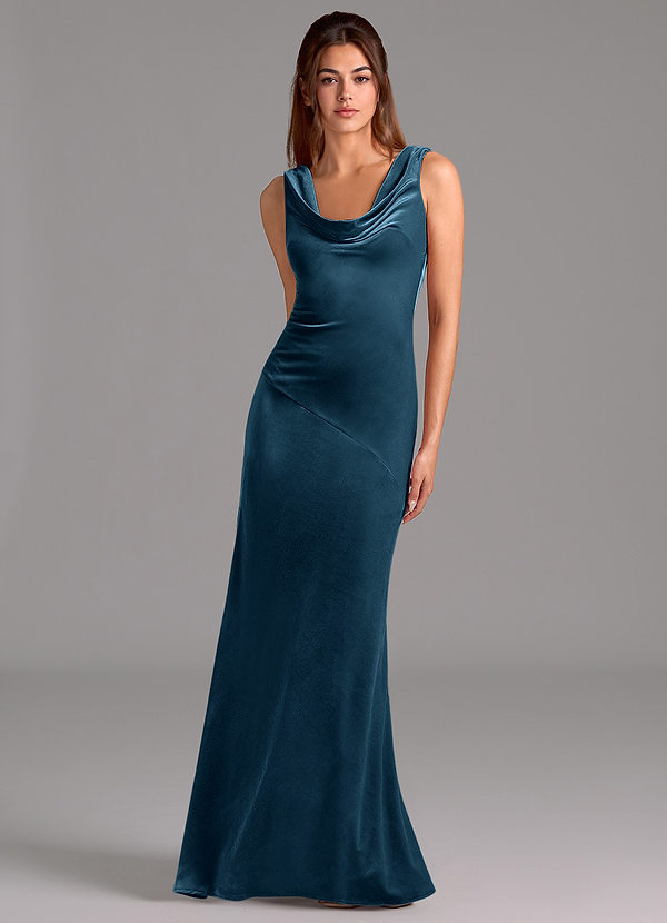 Azazie Rylina Bridesmaid Dresses Blue Topaz Mermaid Bow Velvet Dress image1