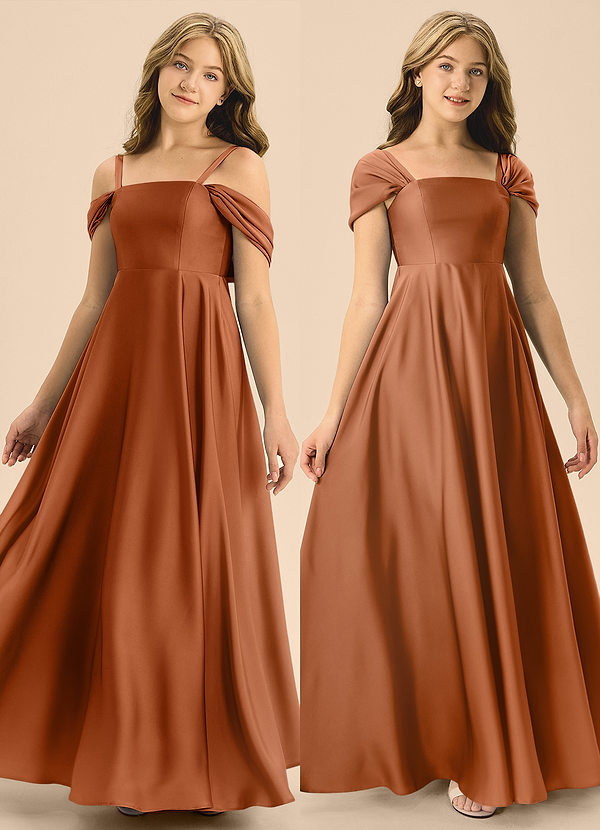 Azazie Rowena Junior Copper A-Line Bow Stretch Satin Dress image1