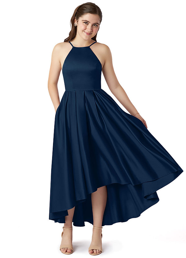 Azazie Jemima Junior Dark Navy A-Line with Pockets Stretch Satin Dress image1