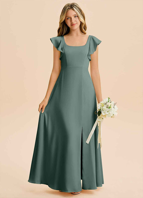 Azazie Bondi Junior Sea Moss A-Line Side Slit Stretch Satin Dress image1