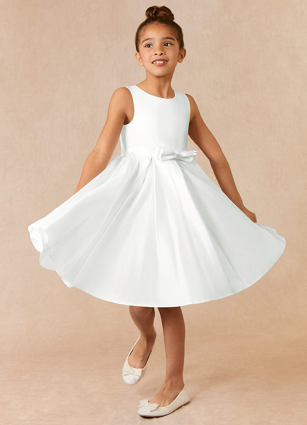 Azazie Coco Flower Girl Dresses Ivory A-Line Bow Matte Satin Dress image1