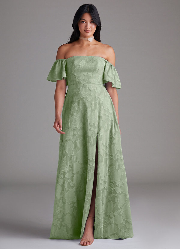 Azazie Sue Bridesmaid Dresses Dusty Sage A-Line Off the Shoulder Floral Burnout Convertible Dress image1