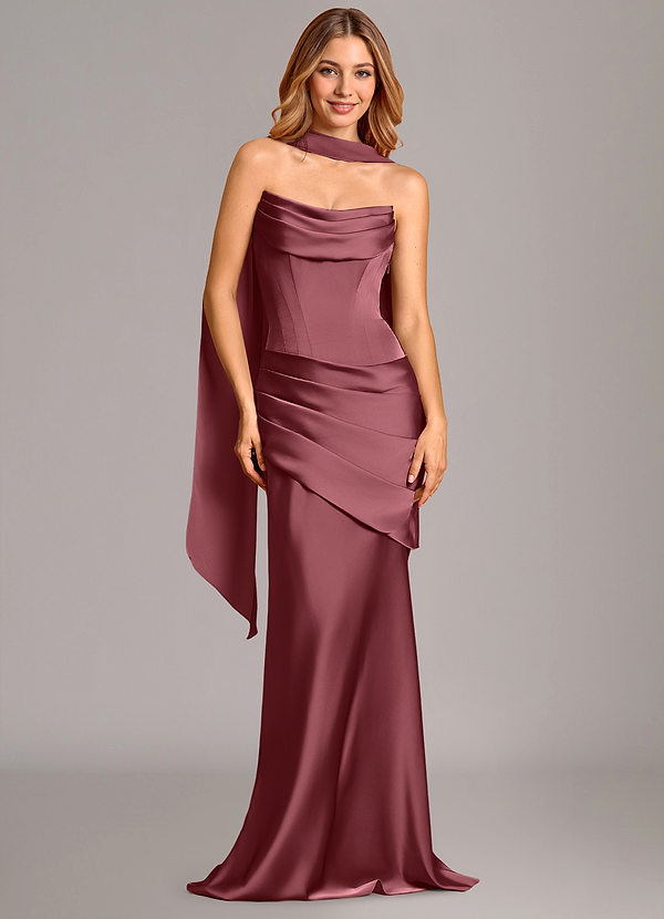 Azazie Pelagia 신부 들러리 드레스 인어 코르셋 스트레치 새틴 바닥 길이 드레스 image1