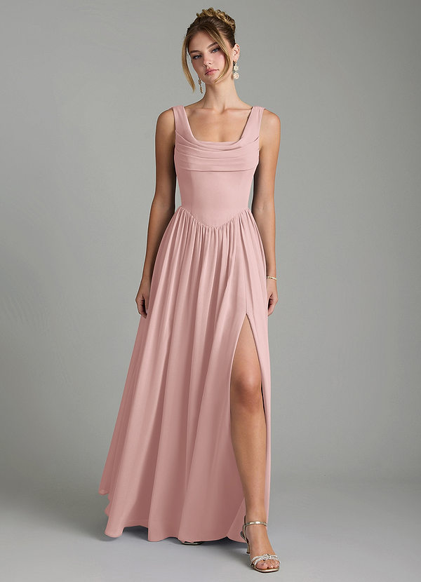 Novi Vestidos de dama de honor Vestido Rosa Empolvado de Gasa de Línea A con Plisado image1