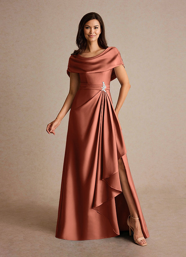 Azazie Branford Mother of the Bride Dresses Vestido Argila de Cetim elástico de Linha A com Plissado image1