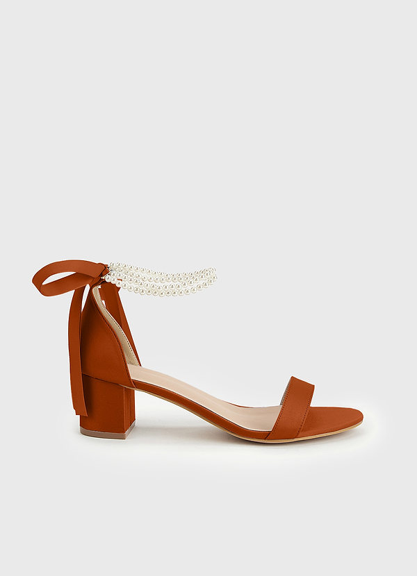 front Matching Color Matte Satin Pearl and Bow Open Toe Chunky Heel Sandals