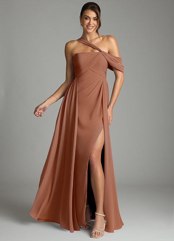 Azazie Kassandra Bridesmaid Dresses Bronzer A-Line Off the Shoulder Chiffon Dress image1