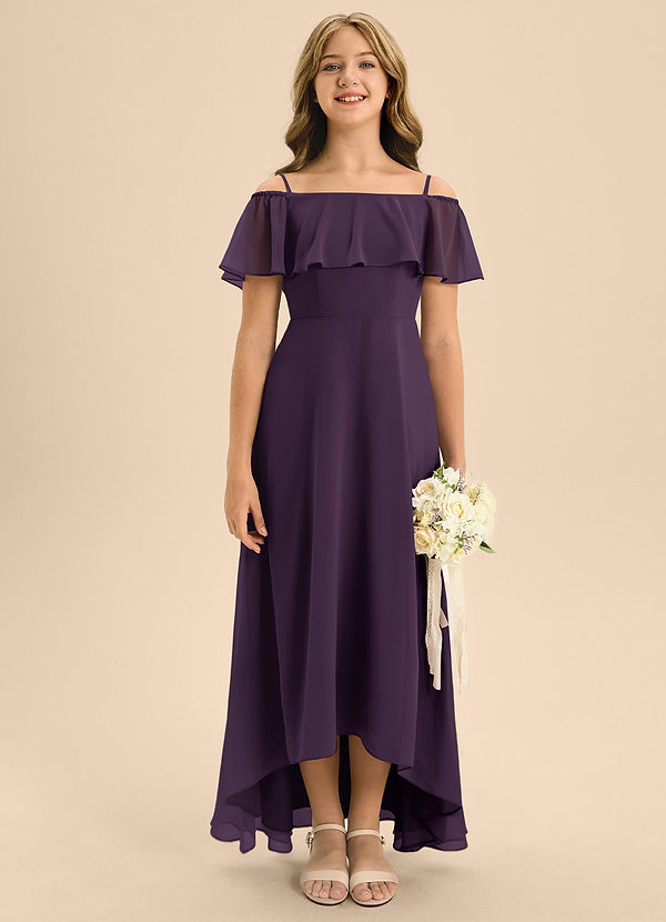 Azazie Maggie Junior Plum A-Line Off the Shoulder Chiffon Dress image1