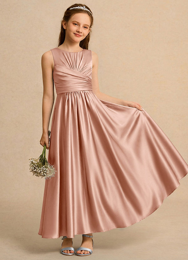 Azazie Ducky Girls Formal Blomsterpigekjoler A-Line Plisseret Stræk satin Ankel-længde Kjole image1