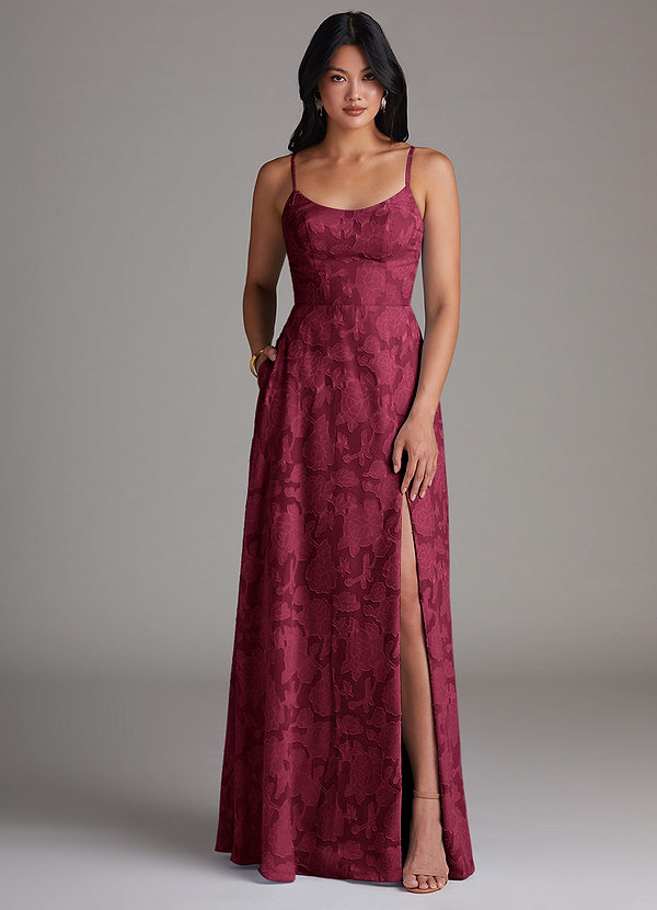 Moira Bridesmaid Dresses Burgundy A-Line Side Slit Floral Burnout Dress image1