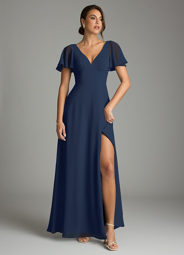 Azazie Kimber Bridesmaid Dresses Dark Navy A-Line Flounce Sleeve Chiffon Dress image1