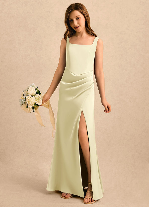 Azazie Noah Girls Formal Flower Girl Dresses Lemon Sorbet Sheath Pleated Stretch Satin Dress image1