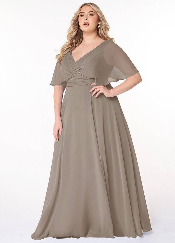 Azazie Pamela Bridesmaid Dresses Taupe A-Line V-Neck Pleated Chiffon Dress image1