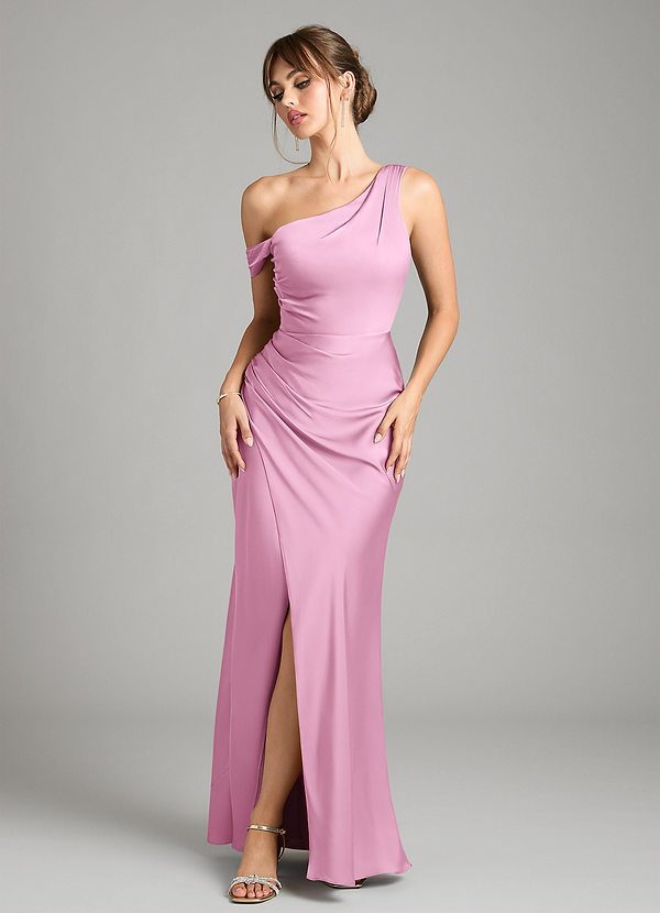 Azazie Madelyn Bridesmaid Dresses Candy Pink Mermaid One Shoulder Stretch Satin Convertible Dress image1