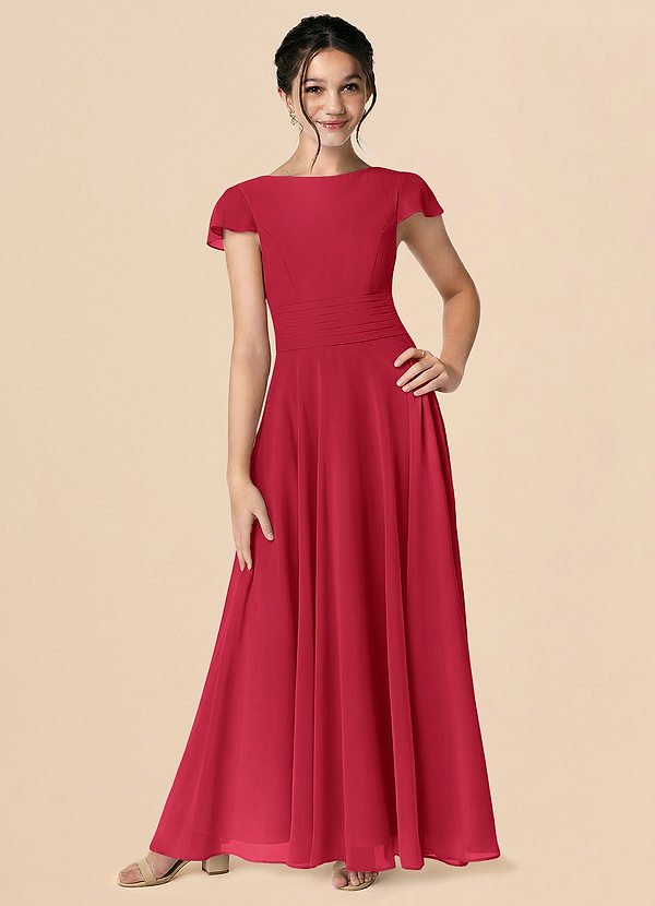 Azazie Payton Vestido de Escarlata de Gasa de Corte en A con Lazo image1