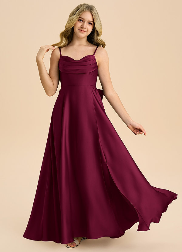 Azazie Bear Junior Robe Trapèze en Satin extensible Décolleté en cœur Bourgogne image1