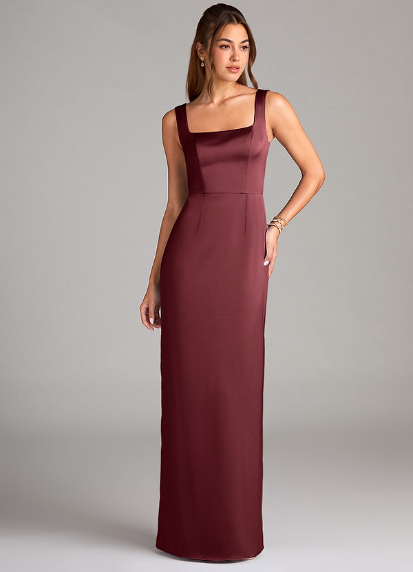 Azazie Flori Bridesmaid Dresses Merlot Sheath Side Slit Stretch Satin Dress image1