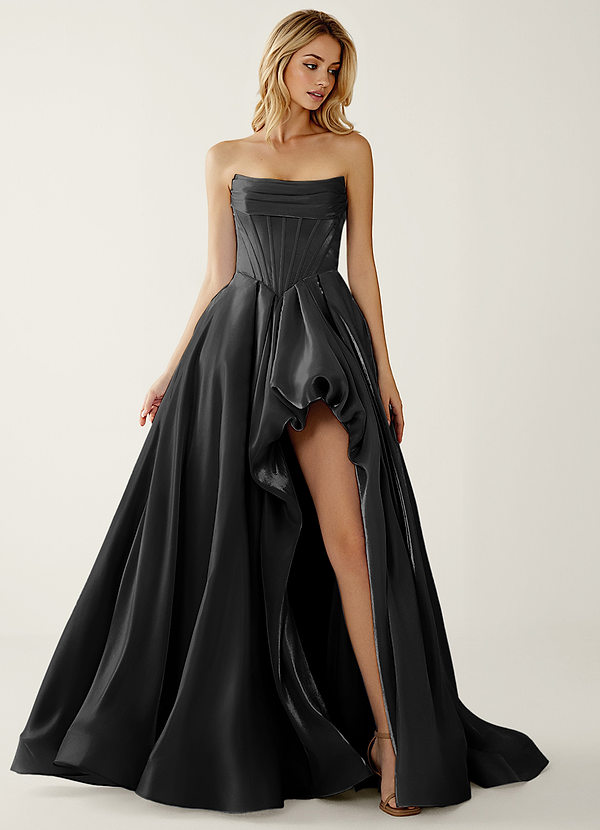 Emmanuelle Black Satin Faced Chiffon Ruffled A-Line Prom Dress front