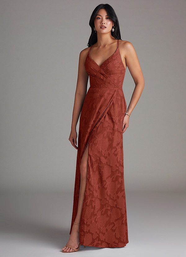 Azazie Davis Bridesmaid Dresses Terracotta A-Line Pleated Floral Burnout Dress image1