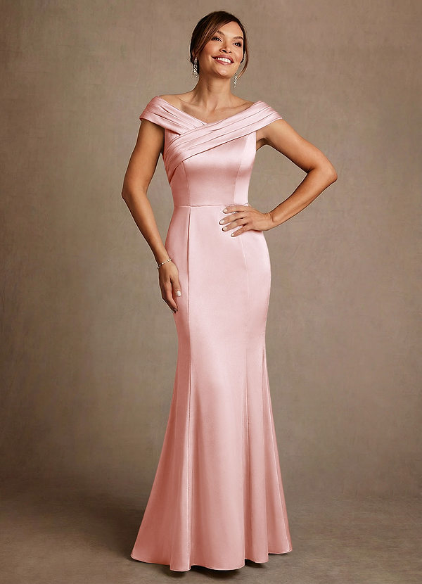 Azazie Aberdeen Vestidos de Madre de la Novia Vestido de Rosa Rubor de Satén Elástico de Corte Recto con Plisado image1