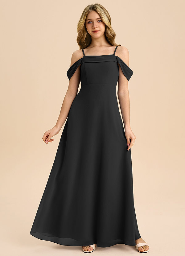 Azazie Anselie Junior Black A-Line Off the Shoulder Chiffon Dress image1