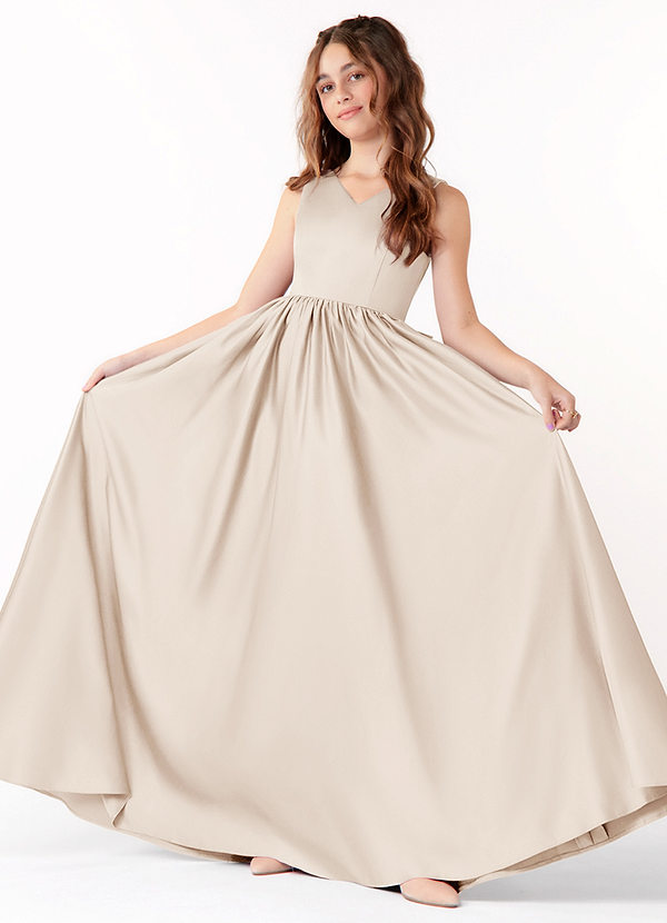 Azazie Hathaway Junior White Alabaster A-Line Bow Stretch Satin Dress image1
