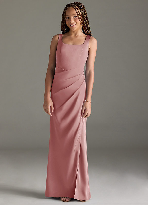 Azazie Mero Junior Vestido de Rosa Polvorienta de Satén Elástico de Sirena con Plisado image1