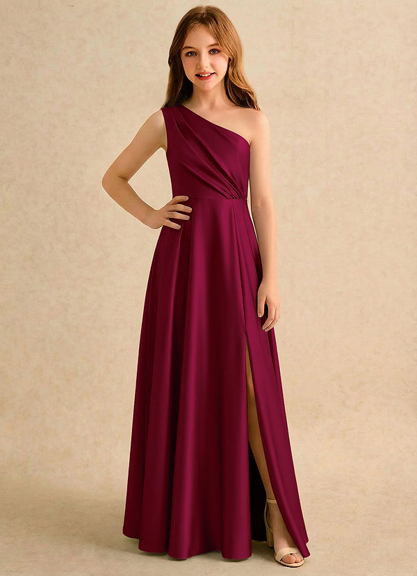 Azazie Puddles Girls Formal Robes de Fillette d'Honneur Robe Trapèze en Satin extensible Une épaule Bourgogne image1