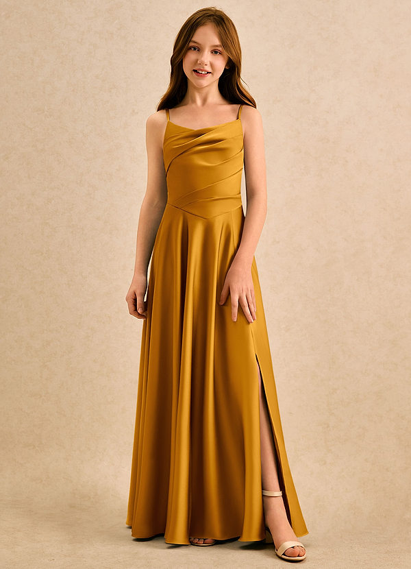 Azazie Coconut Girls Formal Sukienki dla dziewczynek sypiących kwiaty Linia A Pofałdowany Satyna elastyczna Długość podłogi Sukienka image1