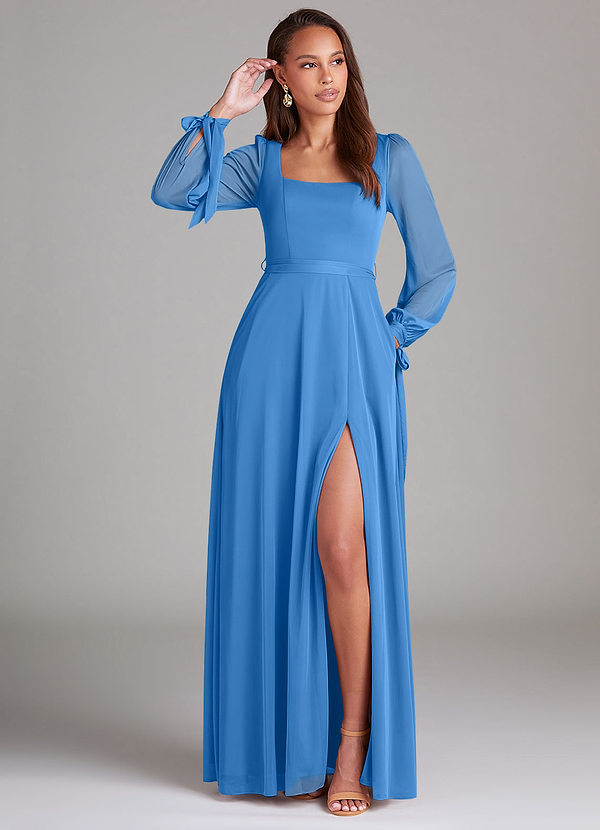 Azazie Leonia Bridesmaid Dresses Blue Jay A-Line Long Sleeve Mesh Dress image1