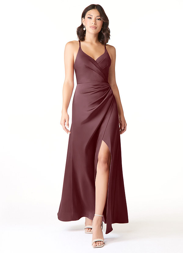 Azazie Geanna Bridesmaid Dresses Sheath V-Neck Pleated Stretch Satin Floor-Length Dress image1