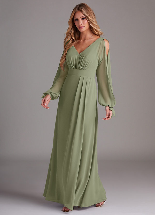 Azazie Matilda Abiti da Damigella Abito A-Line in Chiffon Manica Lunga Pistacchio image1