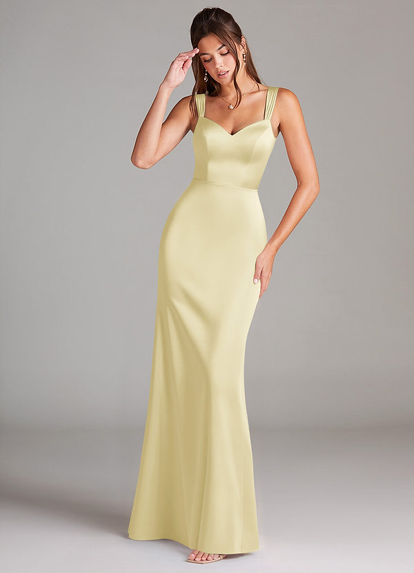 Azazie Denice Bridesmaid Dresses Lemon Sorbet Sheath Pleated Stretch Satin Dress image1