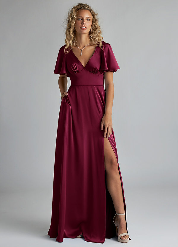 Azazie Kimber Bridesmaid Dresses Burgundy A-Line Ruched Stretch Satin Dress image1