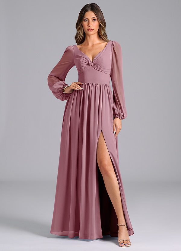 Azazie Zeya Bridesmaid Dresses Vintage Mauve A-Line Long Sleeve Chiffon Dress image1