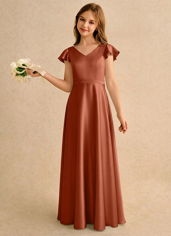 Azazie Nari Girls Formal Robes de Fillette d'Honneur Robe Trapèze en Satin extensible avec manches Rose De Cèdre image1