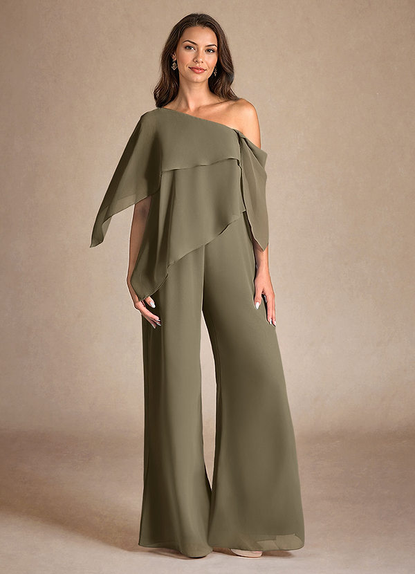 Azazie Halima Vestidos de Madre de la Novia Vestido de Verde Sauce de Gasa de Mono/Traje de pantalón con Corte Lateral image1