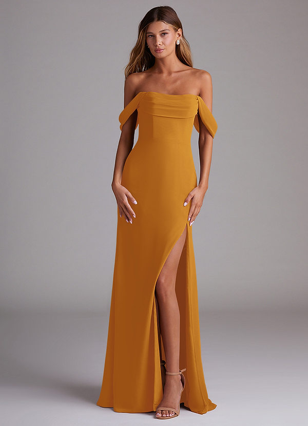 Azazie Saige Bridesmaid Dresses Butterscotch A-Line Off the Shoulder Chiffon Convertible Dress image1