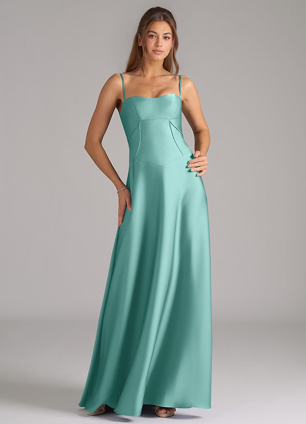Azazie Valentine Vestidos Dama de Honor Vestido de Aqua de Satén Elástico de Corte en A con Corsé image1