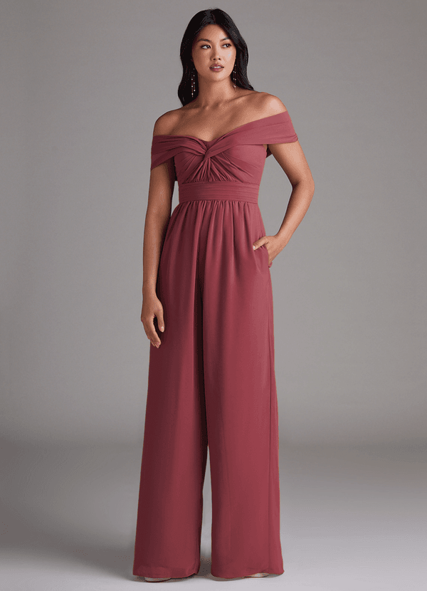 Azazie Lamara Bruidsmeisjes Jurken Converteerbaar Jumpsuit van Chiffon Off the Shoulder Merlot image1