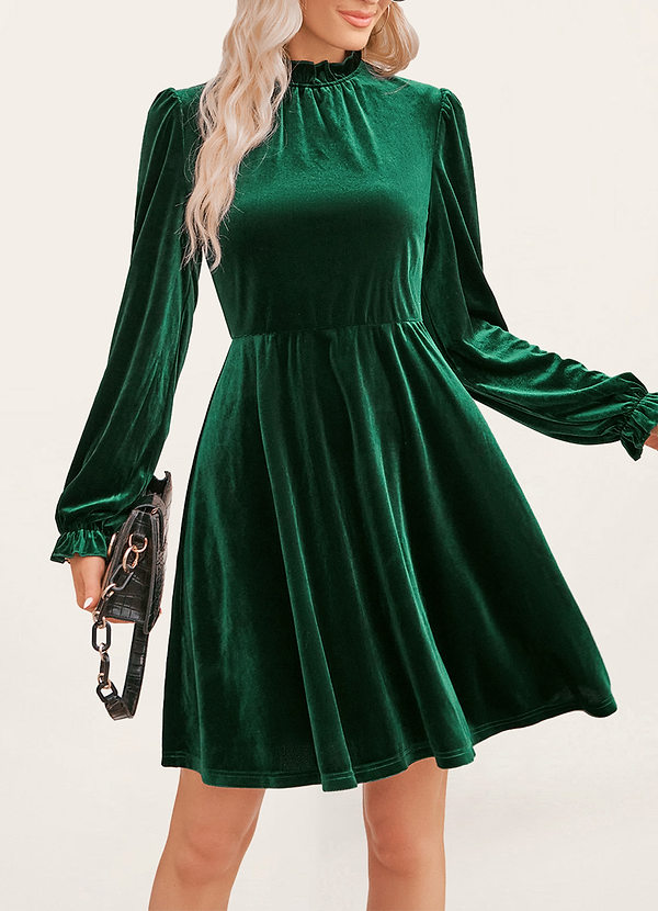 front Ocala Dark Emerald Velvet Long Sleeve Mini Dress