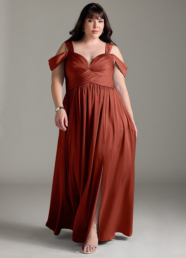 Azazie Lianne Bridesmaid Dresses Terracotta A-Line Off the Shoulder Stretch Satin Dress image1