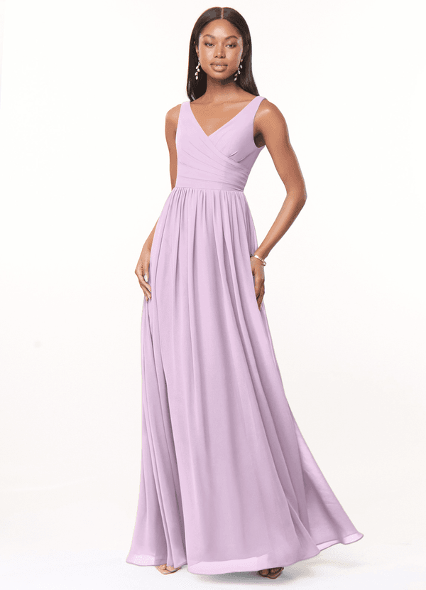 Azazie Keyla Bridesmaid Dresses Frosted Lilac A-Line V-Neck Pleated Chiffon Dress image1